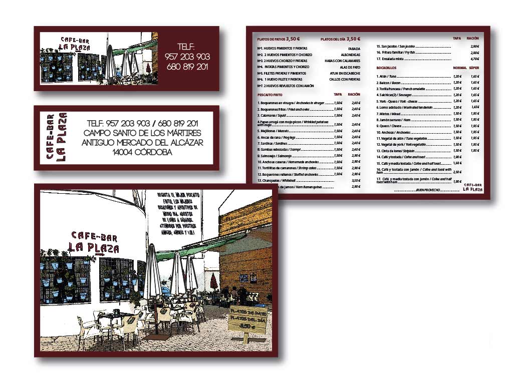 Diseño carta menú + tarjeta de visita bar la plaza
